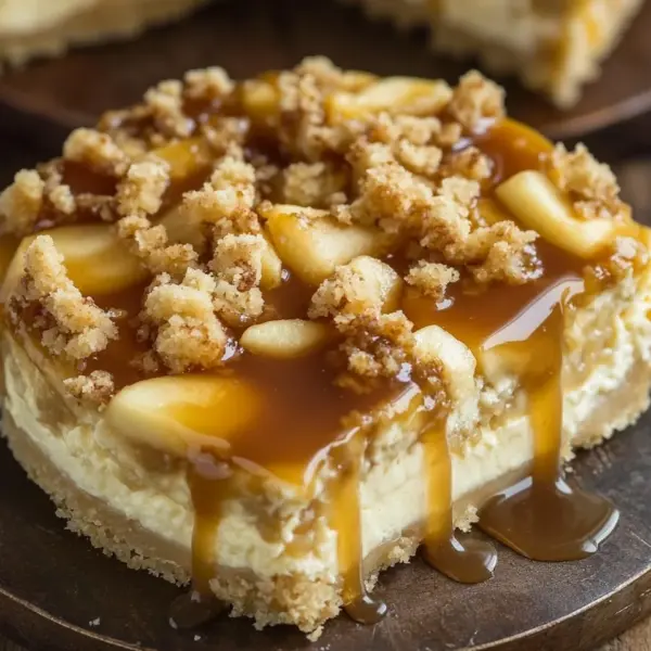 Apfel-Cheesecake mit Walnuss-Streuseln und Karamellsauce