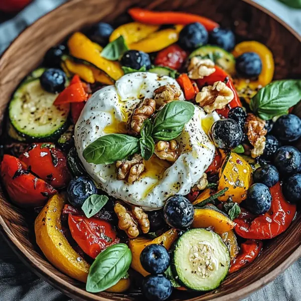 Burrata-Salat mit Ofengemüse und Blaubeeren