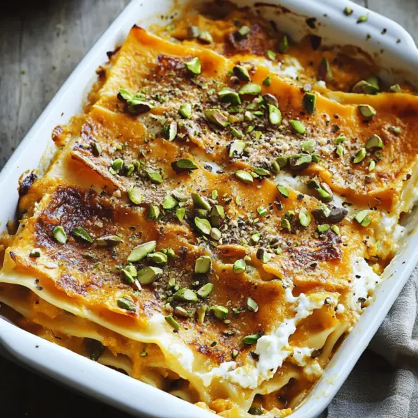 Cremige Kürbislasagne mit Ricotta und Pistazien