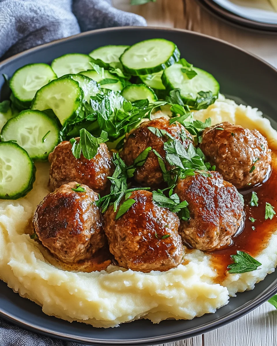 Fleischbällchen mit Gurkensalat und Kartoffelstampf 16 Fleischbällchen