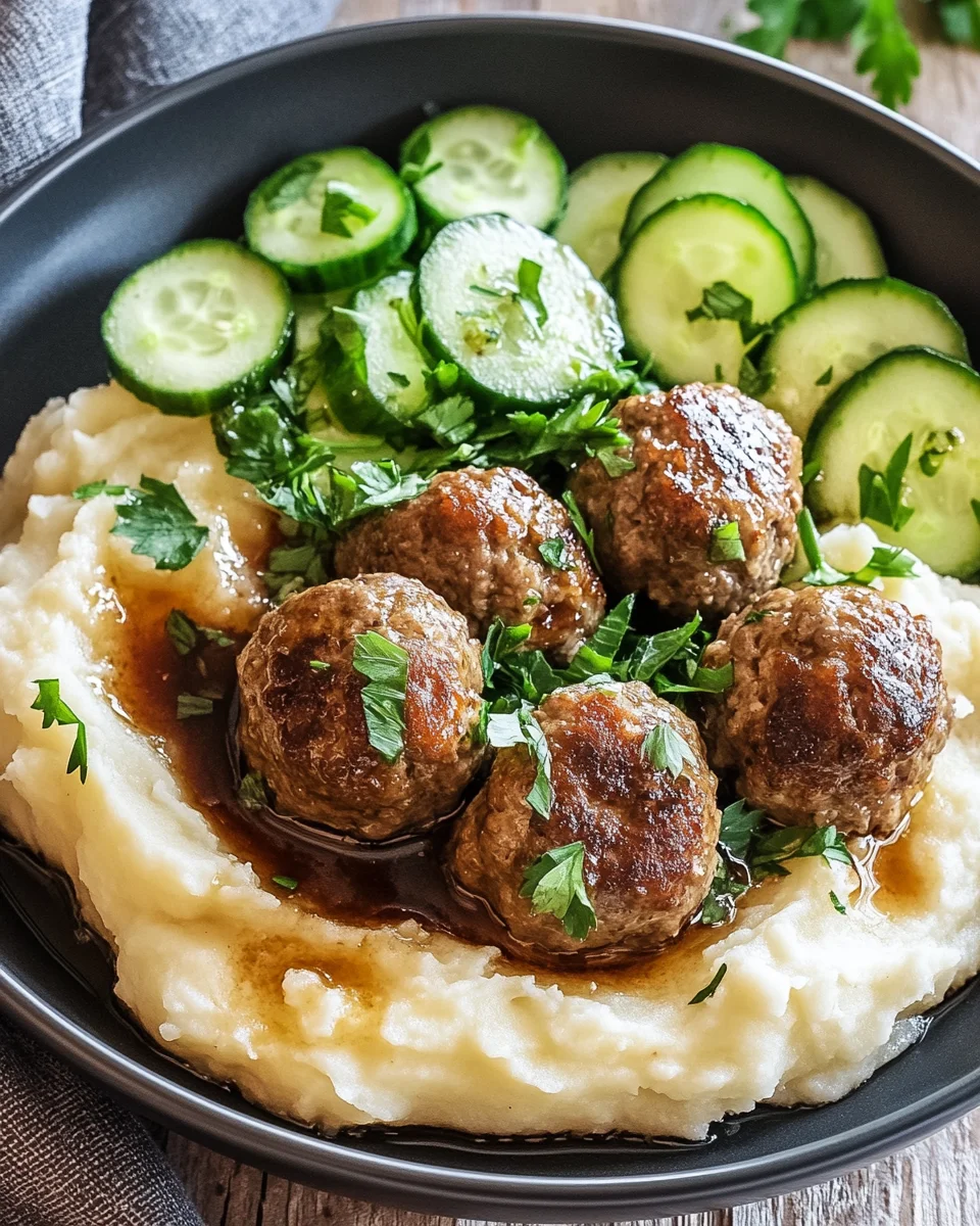Fleischbällchen mit Gurkensalat und Kartoffelstampf 18 Fleischbällchen mit Gurkensalat und Kartoffelstampf