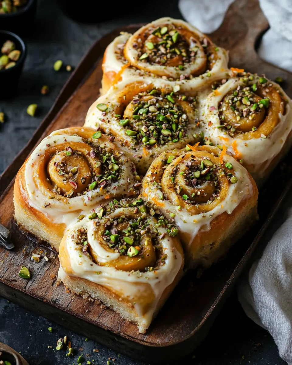 Lockere Pistazien-Heferollen mit Orangen-Frischkäse-Frosting