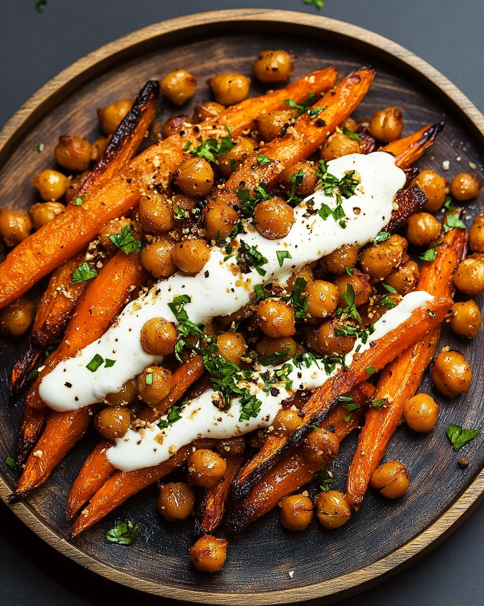 Spicy Maple-Roasted Carrots with Crispy Chickpeas and Yogurt Sauce