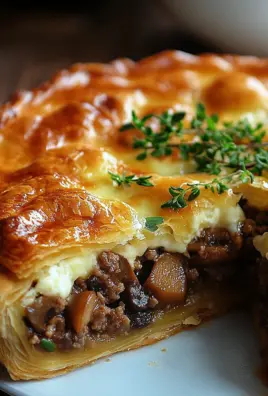 Torte mit Pilzen, Hackfleisch und Käse