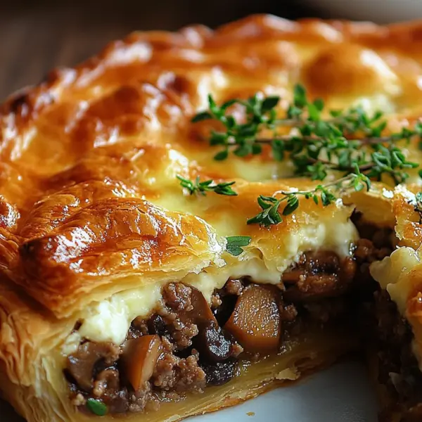 Torte mit Pilzen, Hackfleisch und Käse