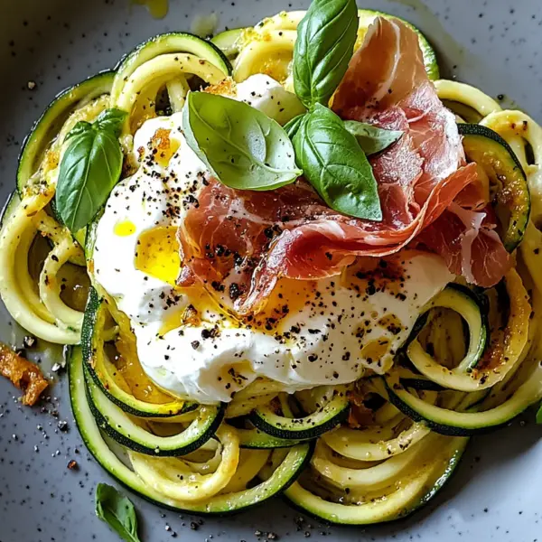 Zucchini Carbonara mit knusprigem Prosciutto und Burrata