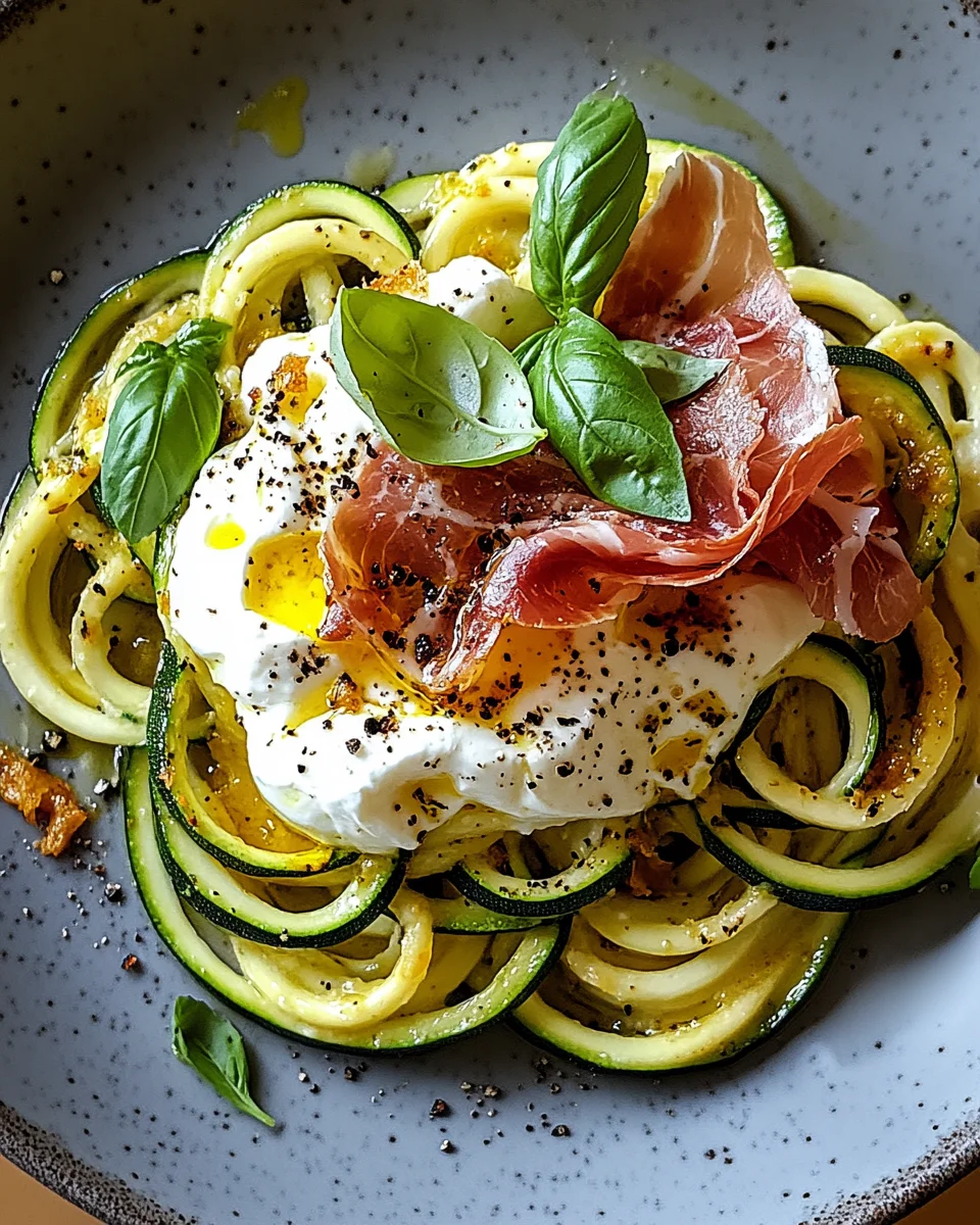 Zucchini Carbonara mit knusprigem Prosciutto und Burrata