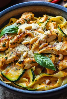 Zucchini Parmesan Pasta mit Hähnchen und Pinienkernen