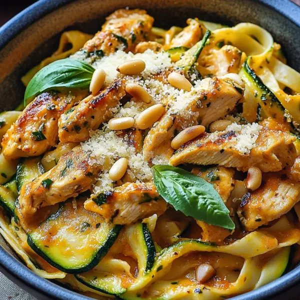Zucchini Parmesan Pasta mit Hähnchen und Pinienkernen