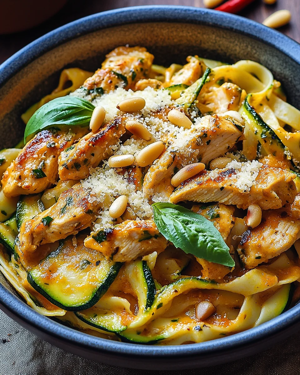 Zucchini Parmesan Pasta mit H&auml;hnchen und Pinienkernen