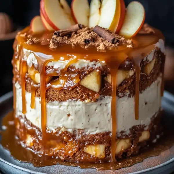 Bratapfeltorte mit Orangen-Zimt-Creme und Karamell-Drip