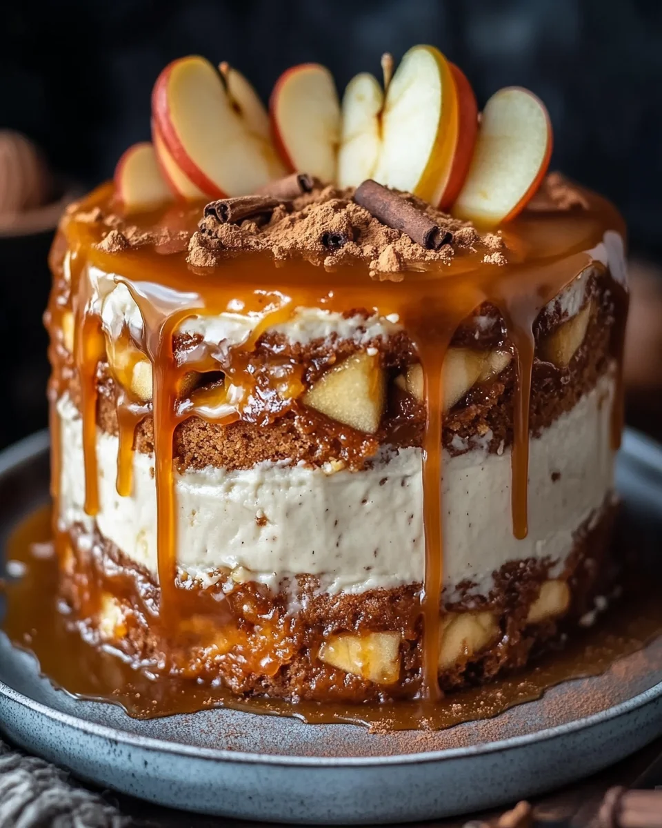 Bratapfeltorte mit Orangen-Zimt-Creme und Karamell-Drip