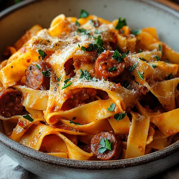 Cremige kalabrische Chili-Pappardelle mit Wurst und Fenchel