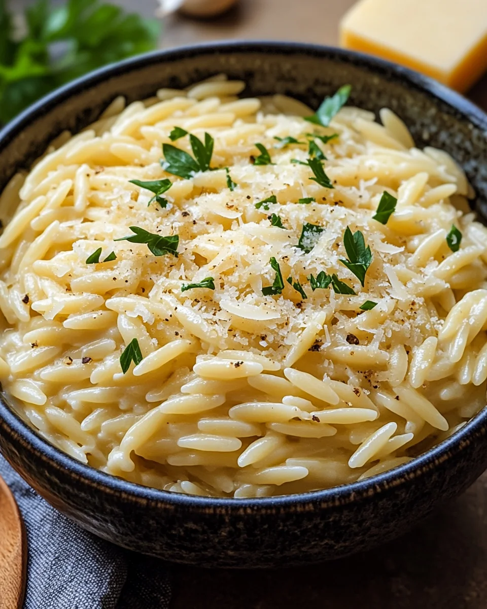 Cremige Orzo-Nudeln mit Knoblauch und Parmesan