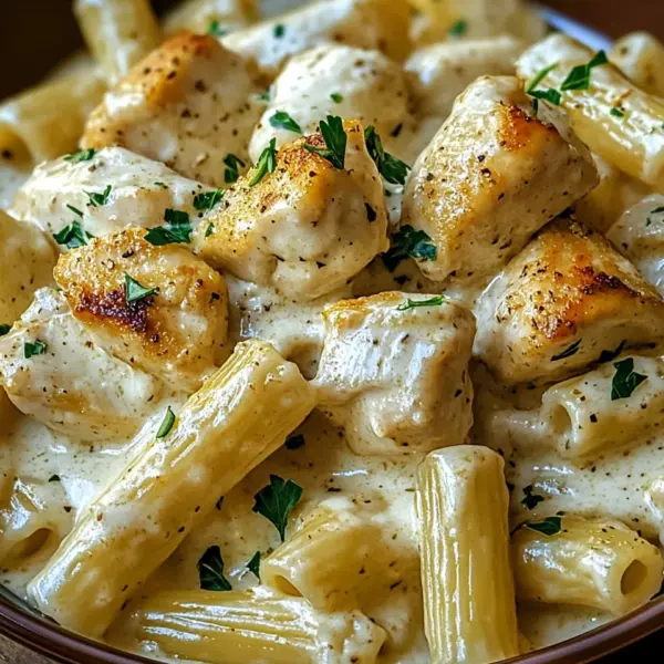 Cremiges Knoblauchbutter-Huhn und Rigatoni in Parmesan-Soße