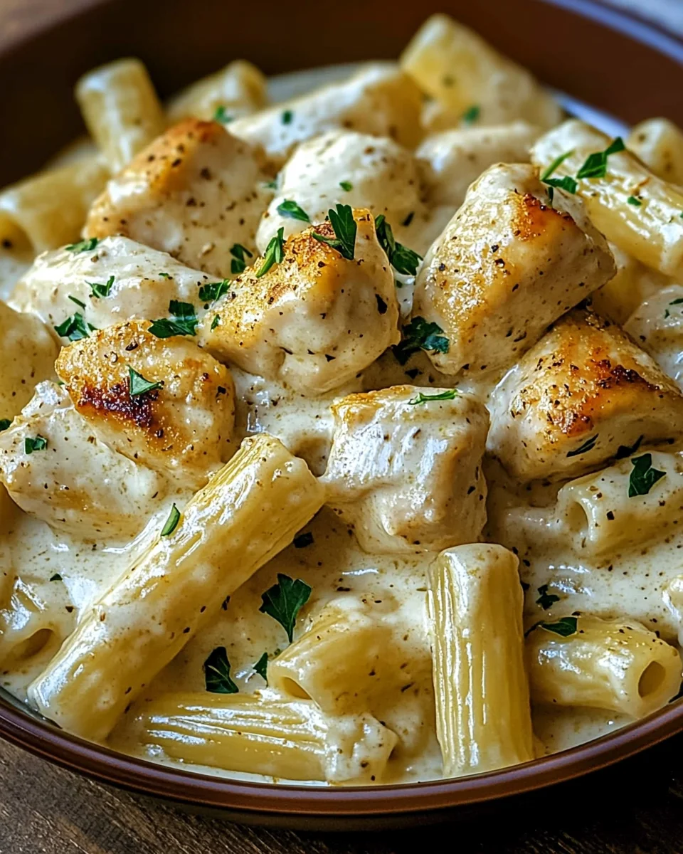Cremiges Knoblauchbutter-Huhn und Rigatoni in Parmesan-So&szlig;e