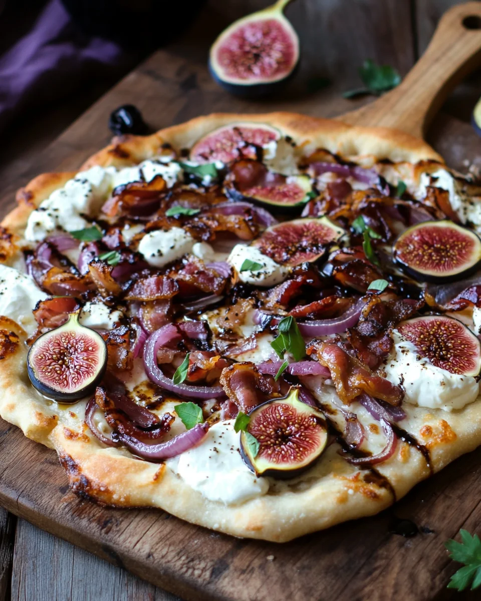 Feigen-Bacon-Pizza mit karamellisierten Zwiebeln und Balsamico