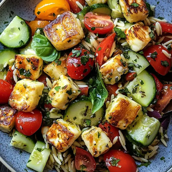 Kritharaki-Salat mit Halloumi-Croutons