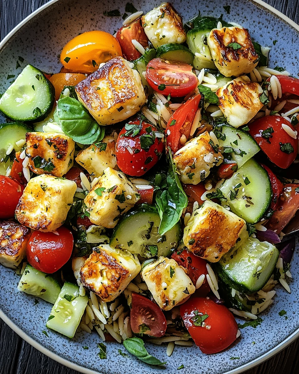 Kritharaki-Salat mit Halloumi-Croutons