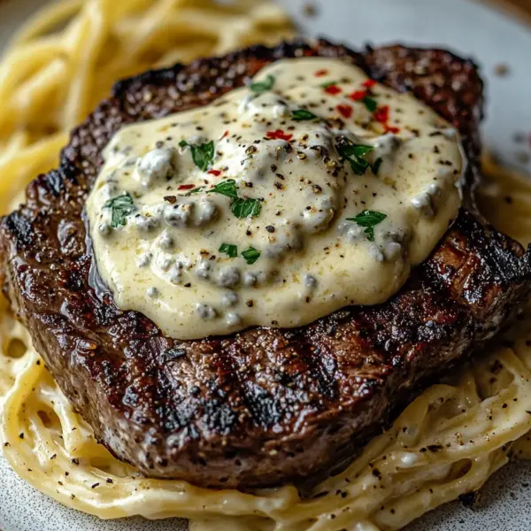 Pikantes Steak Gorgonzola Alfredo mit cremiger Parmesan-Soße