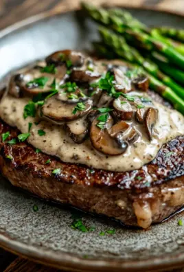 Ribeye Steak with Creamy Mushroom Sauce and Asparagus