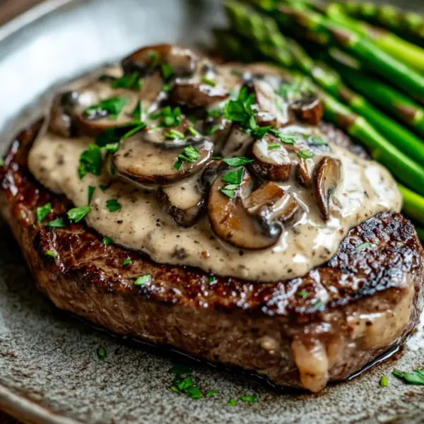Ribeye Steak with Creamy Mushroom Sauce and Asparagus