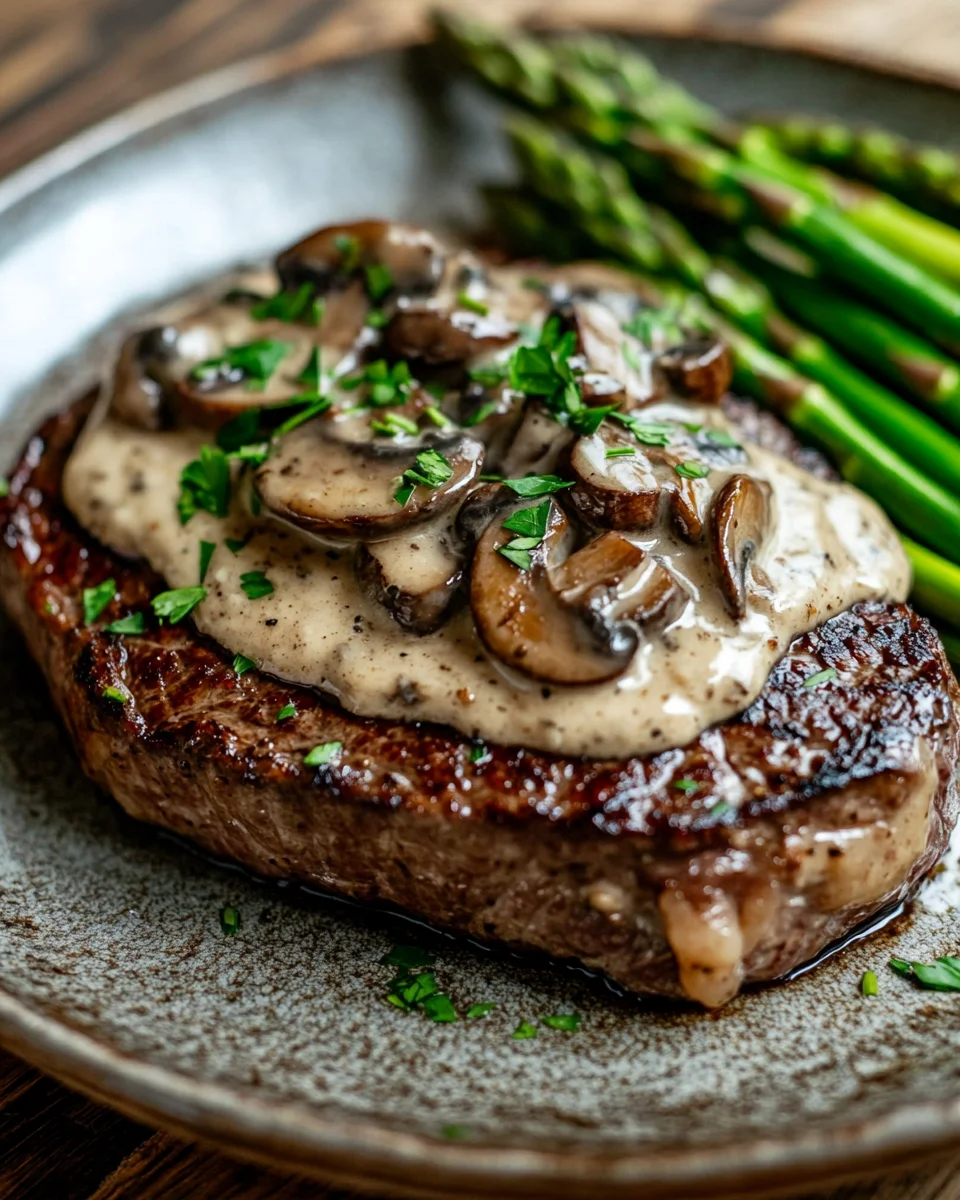 Ribeye Steak with Creamy Mushroom Sauce and Asparagus
