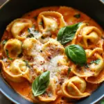 Tortellini mit Tomaten-Sahneso&szlig;e, K&auml;se und Basilikum