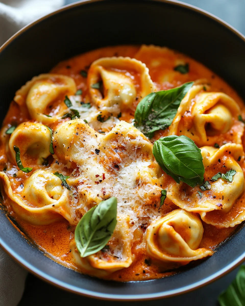 Tortellini mit Tomaten-Sahneso&szlig;e, K&auml;se und Basilikum