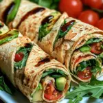 Vegetarische Wrap-R&ouml;llchen mit Rucola und Tomaten