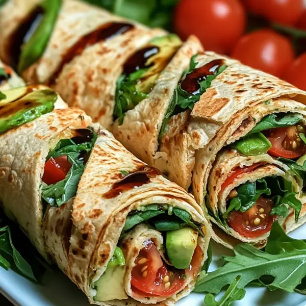 Vegetarische Wrap-Röllchen mit Rucola und Tomaten