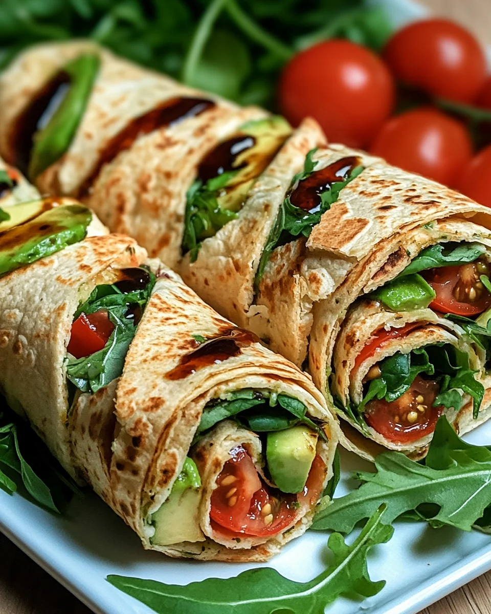Vegetarische Wrap-Röllchen mit Rucola und Tomaten