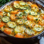 Vegetarischer Kartoffelauflauf mit Zucchini, Karotten und Zwiebeln