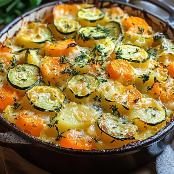Vegetarischer Kartoffelauflauf mit Zucchini, Karotten und Zwiebeln