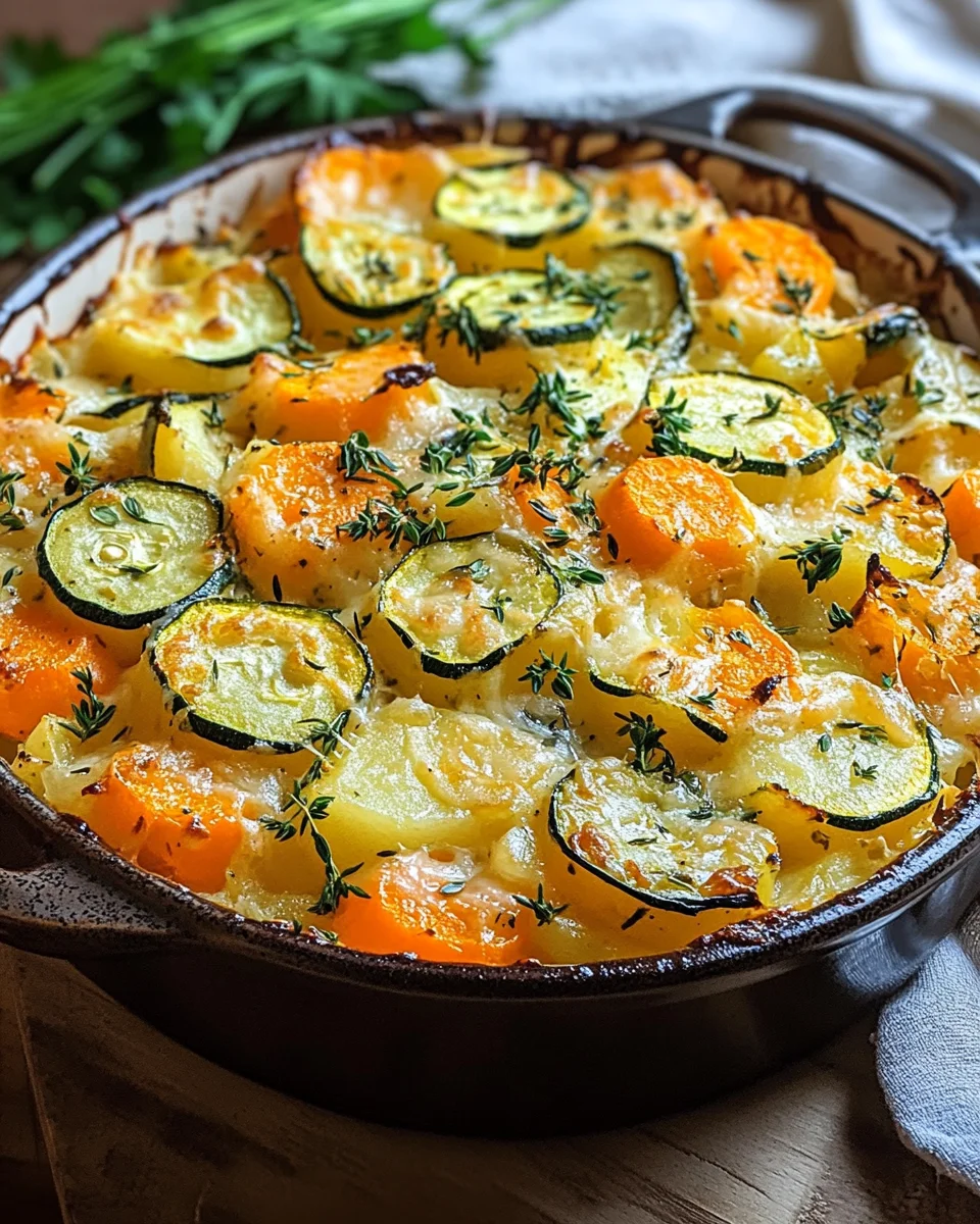 Vegetarischer Kartoffelauflauf mit Zucchini, Karotten und Zwiebeln