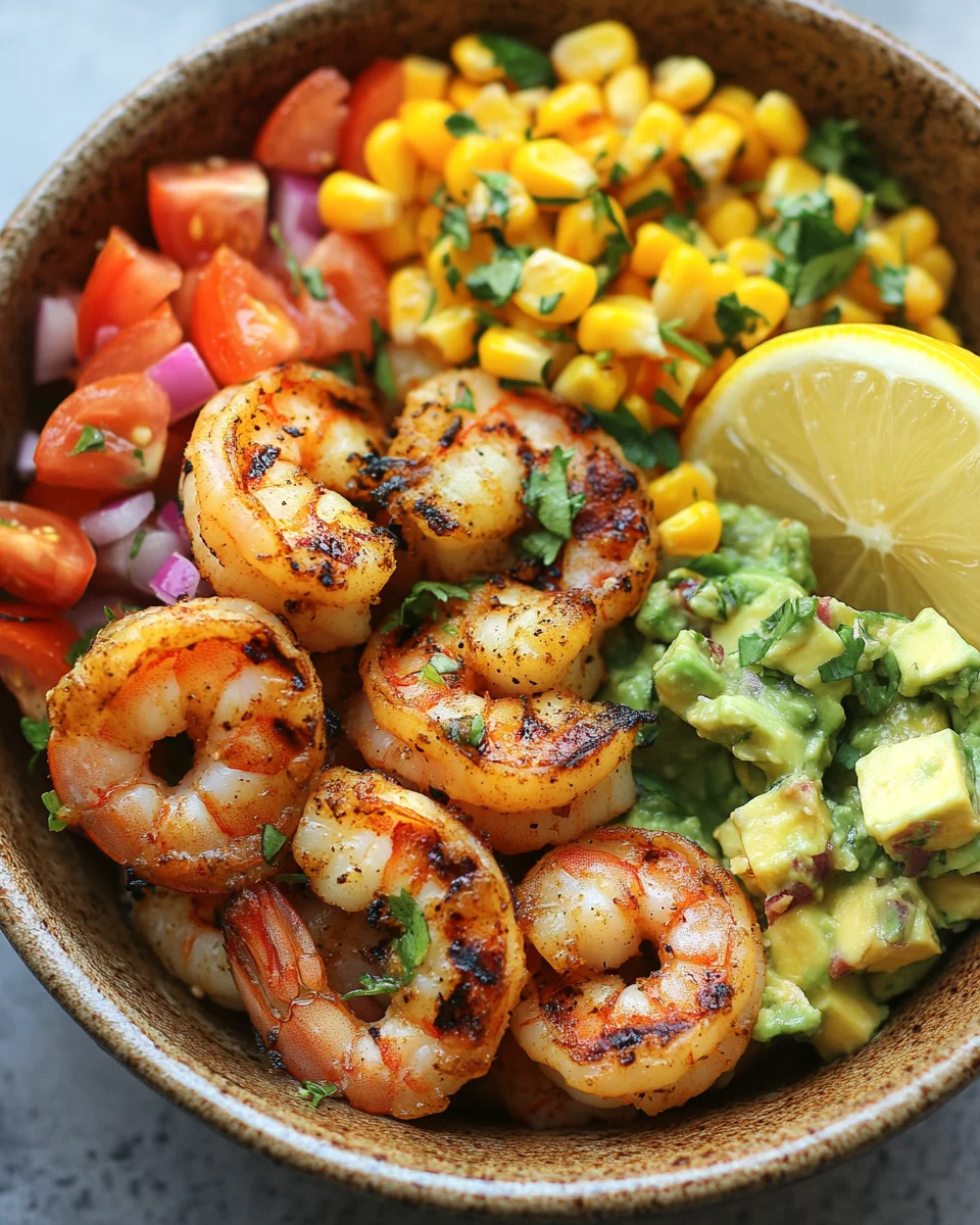 Gegrillte Garnelen Bowl mit Avocado Mais-Salsa & Cremiger Sauce 18 Gegrillte