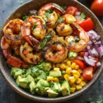 Gegrillte Garnelen Bowl mit Avocado Mais-Salsa & Cremiger Sauce