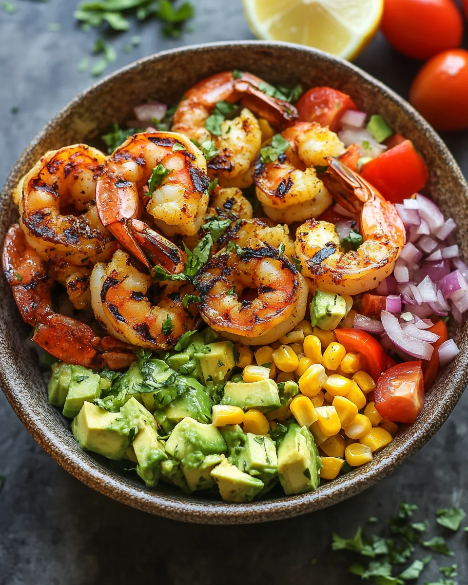 Gegrillte Garnelen Bowl mit Avocado Mais-Salsa & Cremiger Sauce