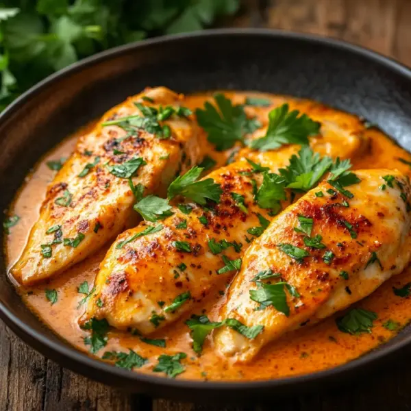 Hähnchenfilets mit einer Ajvar-Schmandsauce