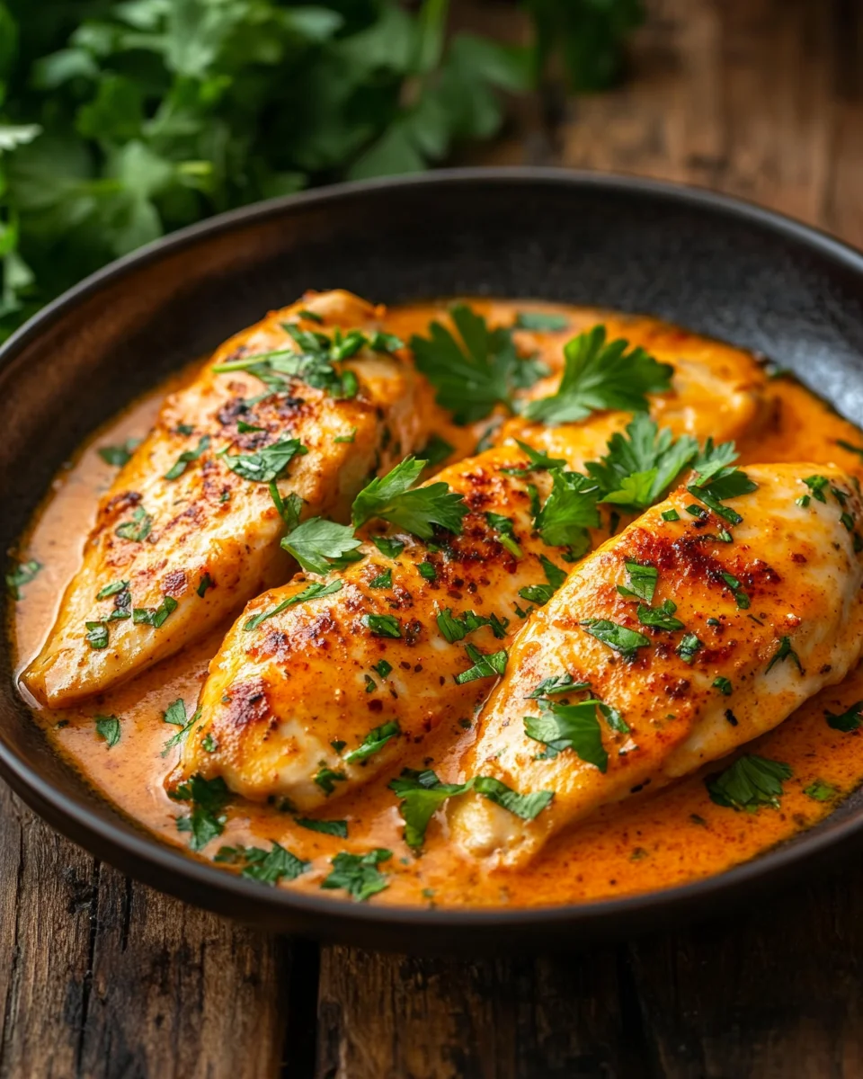 Hähnchenfilets mit einer Ajvar-Schmandsauce 17 Hähnchenfilets mit einer Ajvar-Schmandsauce