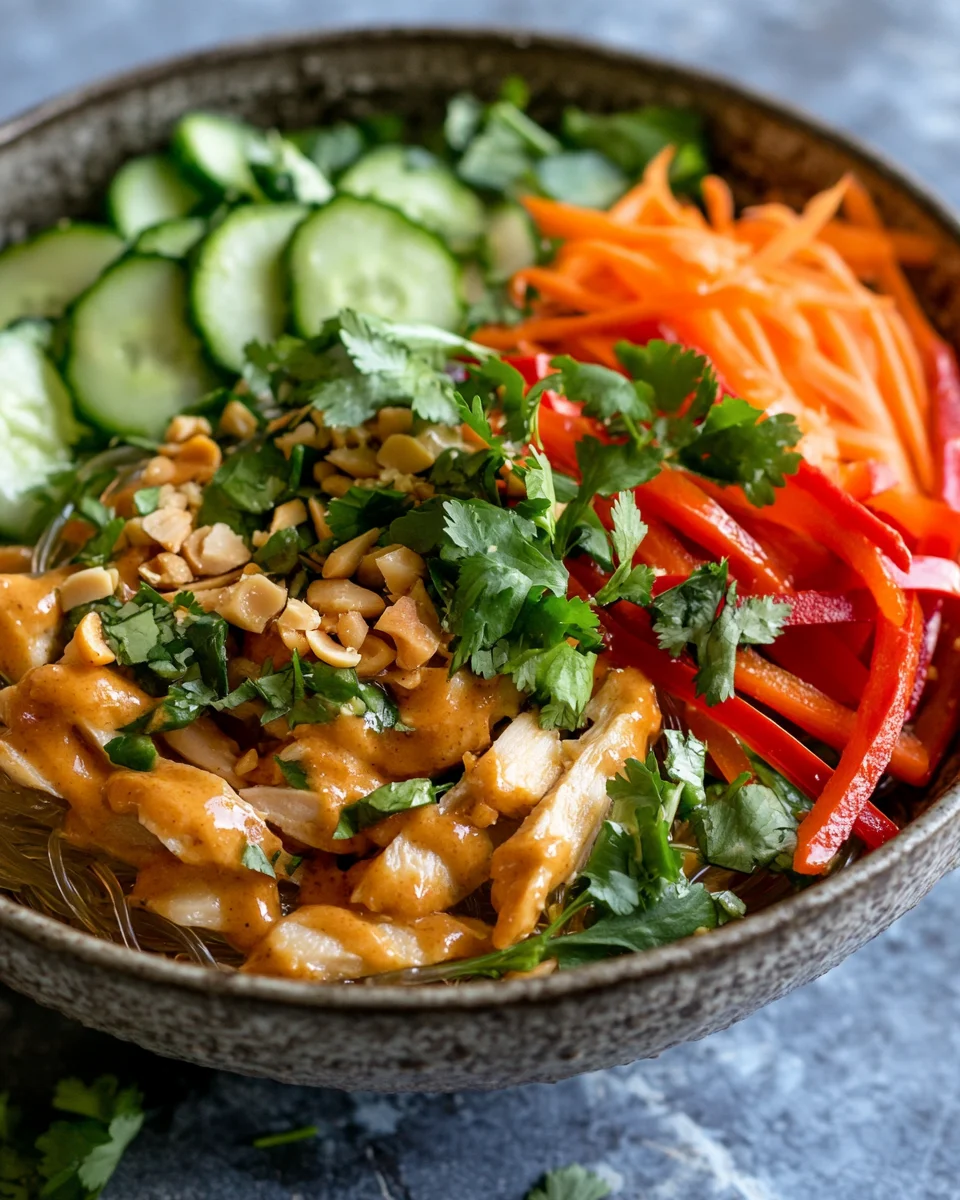Lauwarmer Glasnudelsalat mit Erdnusshähnchen