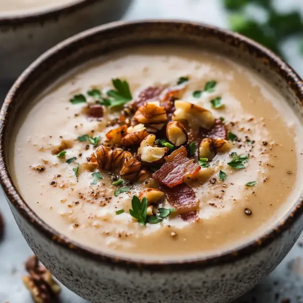 Maronensuppe mit karamellisierten Nüssen und Speck