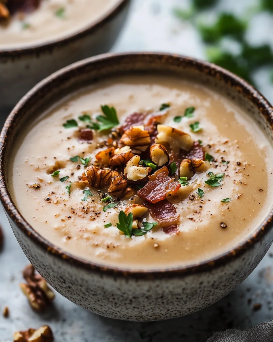Maronensuppe mit karamellisierten Nüssen und Speck