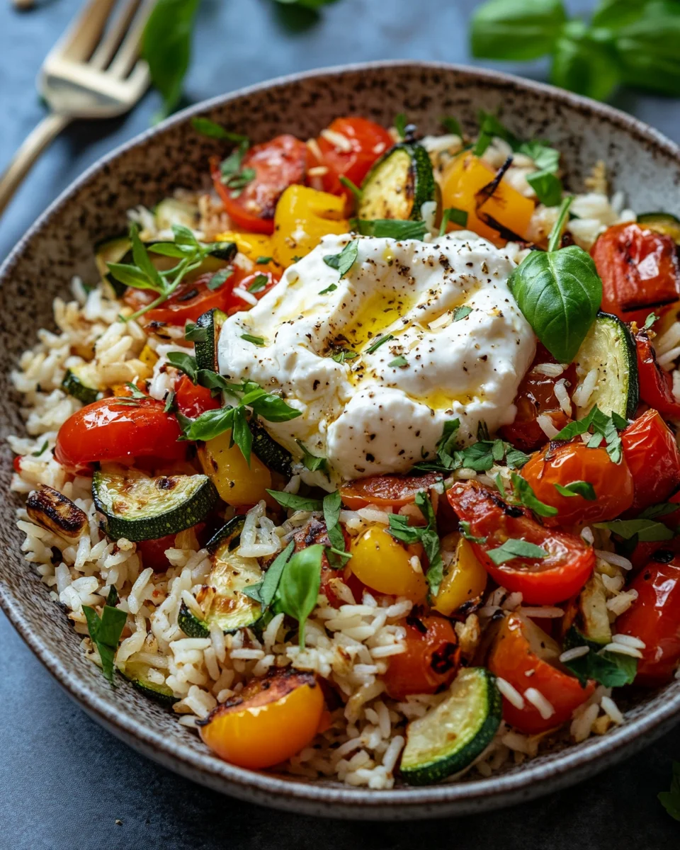 Mediterrane Reispfanne mit Burrata