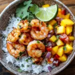 Pikante Garnelen und Mango Salsa Reisbowl