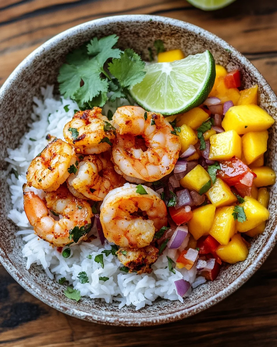 Pikante Garnelen und Mango Salsa Reisbowl