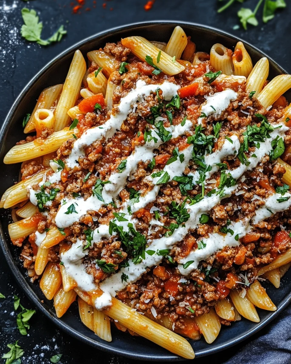 T&uuml;rkische Pasta mit Hackfleisch und Joghurt-Sauce